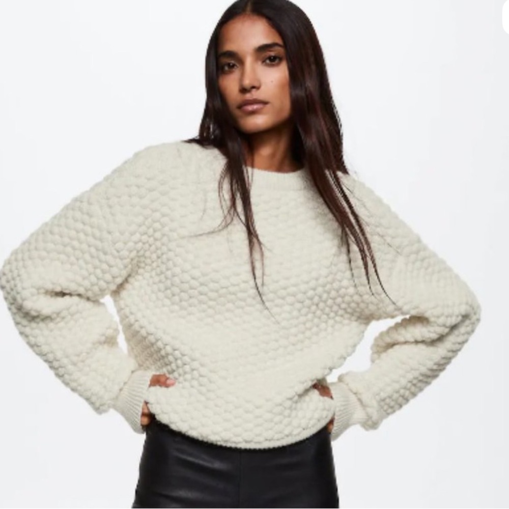 Mango Cream Textured Crew Neck Sweater - Picture 1 of 4